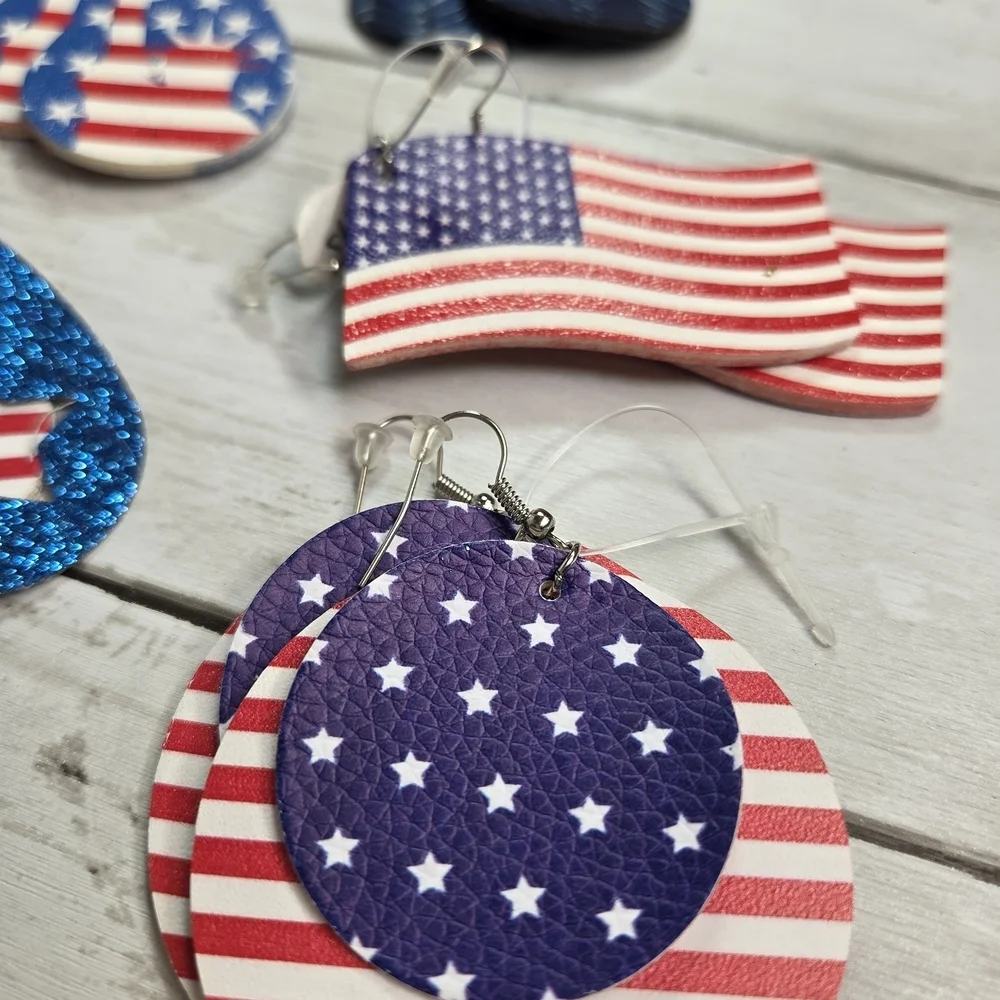 Patriotic Ten Earrings Set Red Blue Silver White Glitter Americana